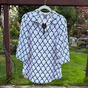 🩷 NEIMAN MARCUS; Classy & Upscale Geometric Black/White 100% LINEN Tunic; Sz. S!